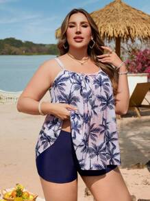Swim Lushoire Plus Size Women's Summer Tropical Coconut Tree Print Tankini Top And Solid Color Boyshort Bottom Swimsuit 2Pcs Set