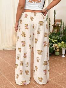 CovetEZ Plus Size Women's Casual Long Pants: Adorable Teddy Bear Print Woven Fabric Pants With Pockets - Multicolor - View 2