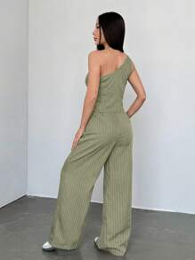 SHEIN Unity Áo hở vai sọc màu cà phê tối giản giản dị dành cho nữ 2 chiếc/bộ - màu xanh lá - Xem 2