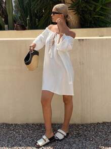 DAZY Vacation Casual Solid Color Crochet Lace Tie Off-Shoulder Beach Cover Up - White - View 4