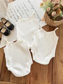 3 件套女婴休闲可爱夏季针织白色吊带背心连体衣