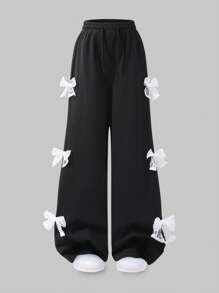 Tween Girls Loose Fit Black Pants With White Bow Decorations - Black - View 1