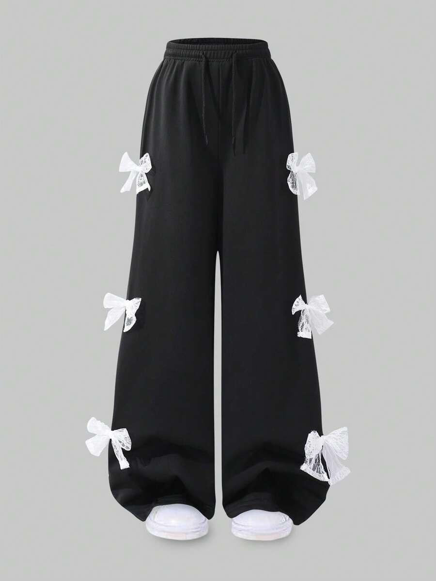 Tween Girls Loose Fit Black Pants With White Bow Decorations - Black - View 1