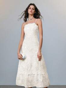 Chiquease Abito da donna con spalline a spaghetti e ricamo di paillettes, colore albicocca, stile da resort, adatto per feste, matrimoni, damigella d'onore