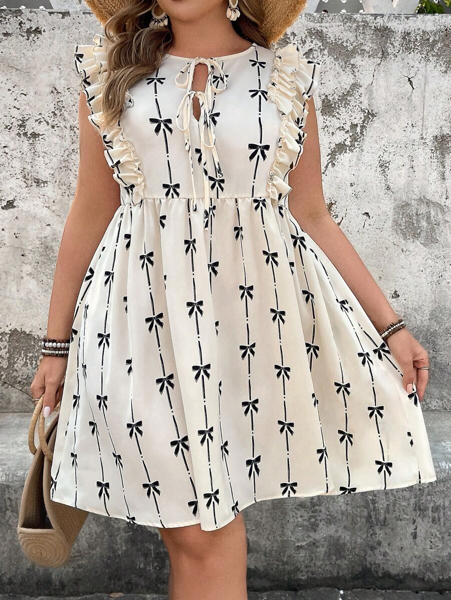 Flirla Vestido 'a'linea casual de vacaciones con estampado de lazo y volantes para tallas grandes - Albaricoque - Ver 1