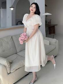 Dazy Plus Solid Color Puff Sleeve Bright Fabric Waisted Long Dress, Spring/Summer - Apricot - View 3