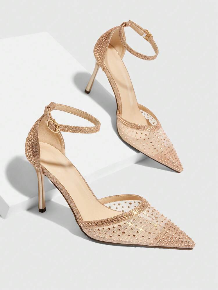 CUCCOO SZL Champagne Color Pointy Toe High Heels With Rhinestones & Mesh Panels, Glittery Luxurious Party Wedding Shoes For Women For Christmas Spring Shoes