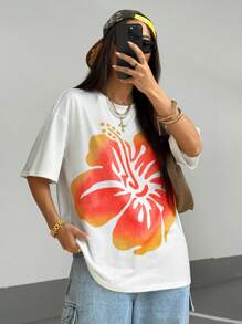 SHEIN Unity Camiseta con estampado floral y hombros caídos para mujer - Blanco - Ver 3