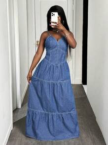 Slaydiva Ladies' Vacation Style Spaghetti Strap Denim Dress