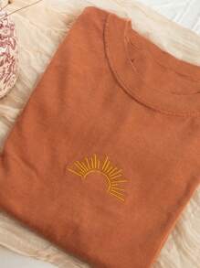 Women Beach Casual Sunflower Embroidery Round Neck Short Sleeve T-Shirt