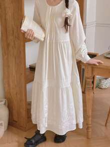 DAZY Women Round Neck Heavy Lace Splice Long Sleeve Solid Color Dress,Ruffle,Fall Dress - Beige - View 8