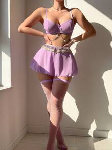 5 Pieces Set: Sexy Mesh Gold Chain Belt, Tutu Skirt & Fishnet Stockings - Mauve Purple - View 3