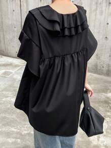 FRIFUL 女士黑色宽松荷叶边下摆衬衫，休闲装 - 黑色 - 查看 4