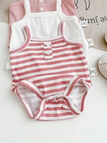 SHEIN 3pcs/Set Newborn Baby Girls Cute Striped Knitted Strap Bodysuit Set, Summer - Pink - View 3