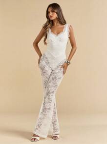 SHEIN BAE 夏季假期优雅黑色蕾丝透视性感连体裤，适合日常约会、夜间外出、夜总会、派对、聚会、鸡尾酒会、假日连体裤 - 白色 - 查看 6