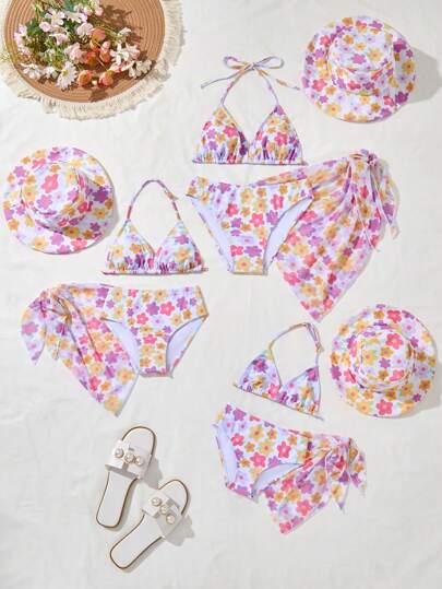 4 st Små flickor Minimalistiskt blommigt tryckt baddräktset, inkluderar badkläder och strandklänning
