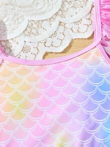 2pcs/Set Girls' Cute Fish Scale Print Swimsuit, Fish Scale Pattern Swimwear - Multicolor - View 6