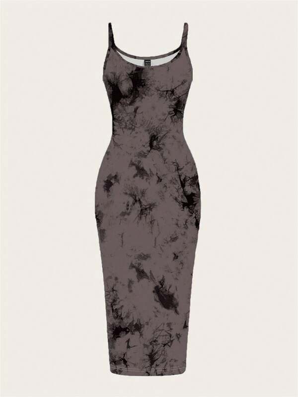 SHEIN EZwear Casual Simple Full Width Ink Painting Pattern Bodycon Camisole Maxi Dress, Suitable For Summer