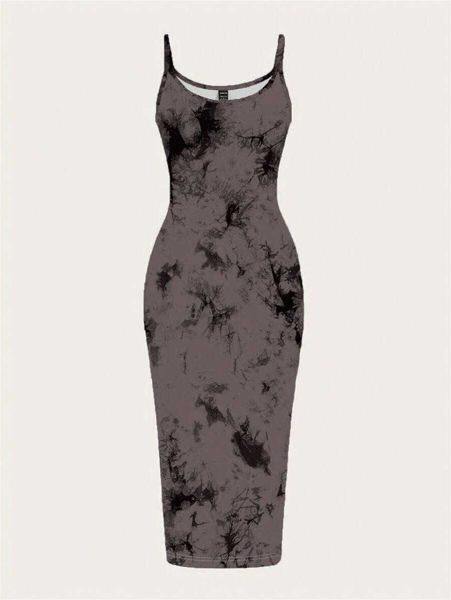 SHEIN EZwear Đầm Maxi Ôm Body Họa Tiết Vẽ Mực Đơn Giản Giản Dị, Phù Hợp Cho Mùa Hè - trắng - Xem 1