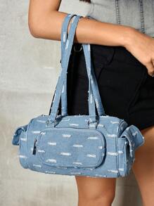 SHEIN ICON 女士单肩包、流浪包、时尚、个性、简约、百搭、街头风、甜美酷炫女孩、辣妹、千禧一代、复古、铆钉、复古、牛仔效果、多口袋设计、机车风、青少年 - 藍色 - 查看 2