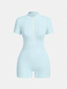 Sovereign Charm 女士纯色前拉链短袖连体裤，农历新年休闲日常穿着