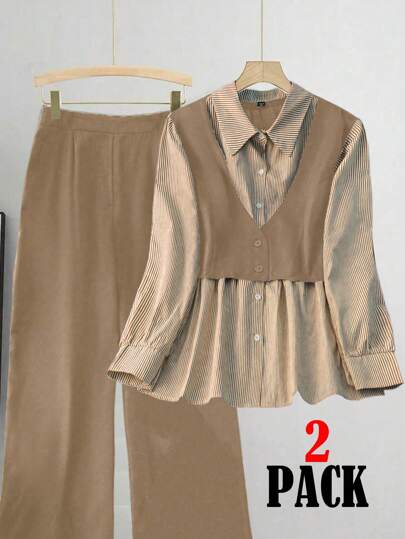 Franclia 大码女式条纹仿多层长袖衬衫和裤子 2 件套，休闲