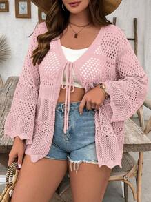 SHEIN Holidaya Plus Size Women Solid Color Crochet Tie Long Sleeve Maxi Sexy Cover Up Lightweight For Holiday, Beach, Swimsuit Cover-Ups, Sun Protection, Summer Fall Winter Cloth For Women