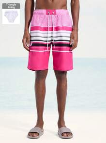 Surfspeed Men's Striped Drawstring Waist Loose Beach Shorts - Hot Pink - View 3