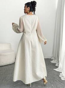 Modelyn Plus Size Apricot Textured Three-Dimensional Floral Square Neck Waist Fitted A-Line Dress Fall Cloth For Women - Beige - View 2