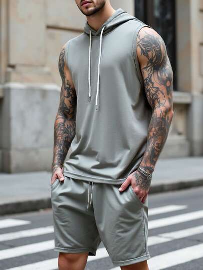 Manfinity LEGND 男士纯色无袖连帽背心和短裤套装男士慢跑服男士服装男士服装男士健身服