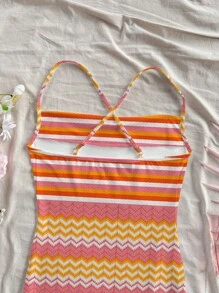 SHEIN WYWH Casual Holiday Style Orange Striped Printed Pattern Beach Dress, Suitable For Summer & Vacation Chic Dress - Multicolor - View 6