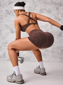 Slayform Conjunto de 2 peças de sutiã esportivo e shorts com estampa de leopardo e frente torcida para treino feminino - Castanho Café - Ver 3