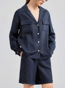 Ontre Women 2 Pieces Suit Set: Blazer Jacket And Shorts, Casual Urban Commuter Wear, Utility Style, Minimalist, Unisex - Navy Blue - View 4