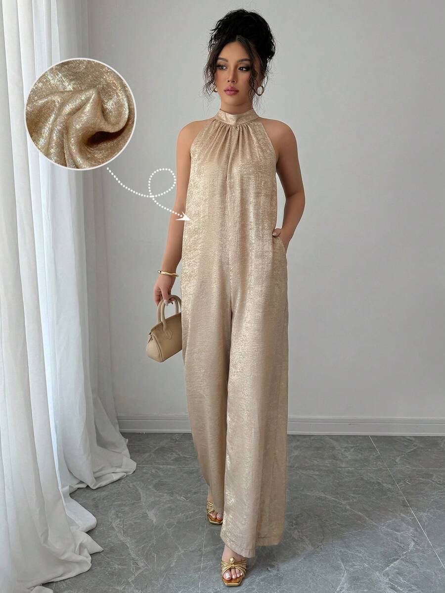 SHEIN LUNE 女式夏季挂脖式金属装饰连体裤，带口袋