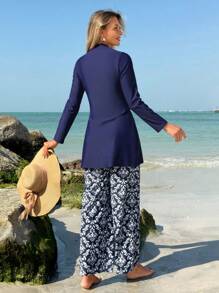 Swim Mulvari Women's Modest Elegant Vacation Solid Color Long Sleeve Top And Floral Print Bottoms Burkini Swimsuit Set For Summer - Multicolor - View 2