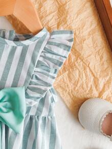 Baby Girl/Infant/Toddler 0-3 Years Old Casual Elegant Resort Blue & White Stripe Heart & Flared Cap Sleeve Loose A-Line Dress, Perfect For Outings - Green - View 6