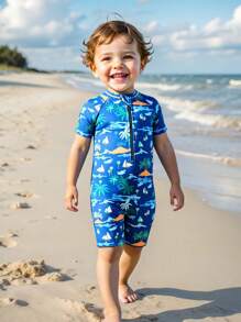2pcs/Set Cute Toddler Boys' Tropical Coconut Tree Vacation Swimsuit, Zip Front, With Sun Protection Hat, Blue Tie Dye Short Sleeve One-Piece Swimwear - Navy Blue - View 3