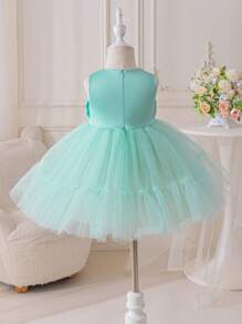 SHEIN Glamorique Kids Elegant Summer Mint Green Flower Girl Dress,Baby Girl Satin Tulle Skirt With Double Layered Bow Front,Suitable For Birthday Party Wedding Occasion - Green - View 2