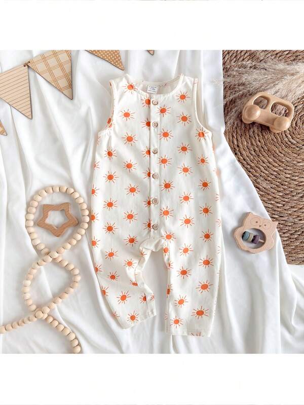 Loomiva Baby Boy Sun Pattern Knitted Soft Crew Neck Sleeveless Romper