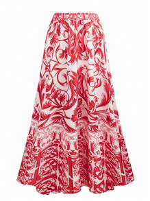 SHEIN LUNE Plus Size Women Elegant White Background Red Flower Cap Sleeve Deep V Backless Bodysuit With Long Skirt, 2 Pieces Set, Spring/Summer - Red and White - View 6