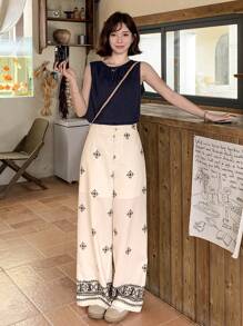 FRIFUL 女士夏季印花阔腿宽松裤，沙滩度假装 - 白色 - 查看 2