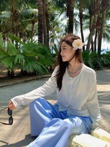 DAZY Women Round Neck Casual Loose Solid Color Open Front T-Shirt,Fall Clothes Preppy Tops Long Sleeve Women Tops - White - View 6