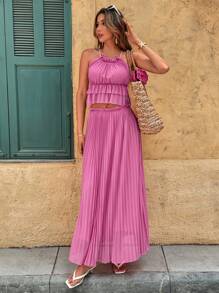 SHEIN VCAY 2pcs/Set Women Vacation Casual Solid Backless Halter Top And Pleated A-Line Skirt, Vacation, Vacation Outfits Woman, Summer Outfits For Women, Two Pieces Set Women - Hot Pink - View 3