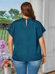 Celure Plus Size Women Satin Ruched Raglan Sleeve Back Button Elegant Blouse - Teal Blue - View 2
