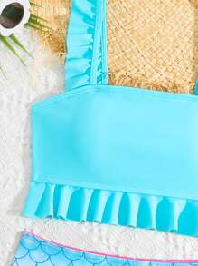 Tween Girl Holiday Fish Scale Print Ruffled Trim Bikini Set Summer Bathing Suits 1pc For Teens Bathing Suits For Girls One Piece Bathing Suits For Girls Kids Swim Suits For Girls Two Pieces Bathing Suit For Girls - Blue - View 4