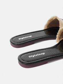 Styleloop 女士图腾编织图案亚麻流苏方头平底凉鞋，休闲海滩度假波西米亚风格，黑色 - 黑色 - 查看 11