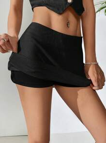 Comfortcana Casual Linen Mini Low Waist Skirt, Summer - Black - View 8