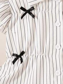 Girls 2025 Summer New Korean Style Girls Blue Striped Short-Sleeved Three-Dimensional Bow Fashionable French Shirt