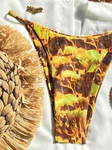 Swim SXY 2 件套女士露背系带镂空高开丁字裤比基尼泳装，随机彩色印花，海滩度假