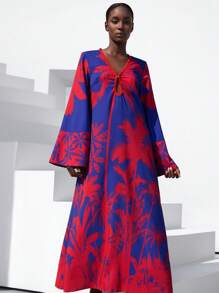 Aveloria Modichic Elegante abito lungo con maniche a sbuffo per donna, con stampa di palme e taglio scollato, in stile boho per vacanze, vestibilità morbida